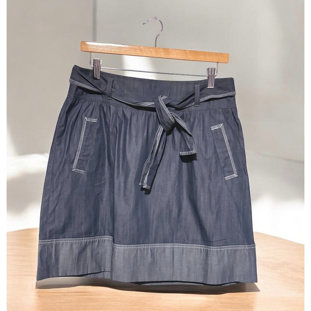 Ann Taylor LOFT Denim A-Line Mini Skirt Sash Belt Tie Dark Blue Gray Wash Sz 10P